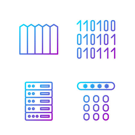 Set line Password protection, Server, Data, Web Hosting, Garden fence wooden and Binary code. Gradient color icons. Vectorのイラスト素材
