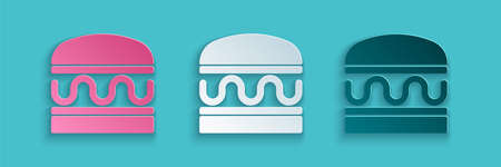 Paper cut Burger icon isolated on blue background. Hamburger icon. Cheeseburger sandwich sign. Fast food menu. Paper art style. Vectorのイラスト素材