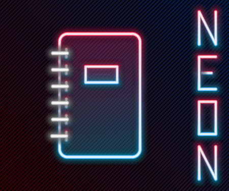Glowing neon line Notebook icon isolated on black background. Spiral notepad icon. School notebook. Writing pad. Diary for school. Colorful outline concept. Vector Illustrationのイラスト素材