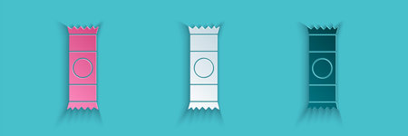 Paper cut Chocolate bar icon isolated on blue background. Paper art style. Vector Illustration