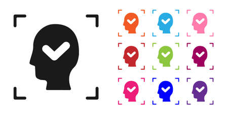 Black Face recognition with check mark icon isolated on white background. Face identification scanner icon. Facial id. Cyber security concept. Set icons colorful. Vectorのイラスト素材