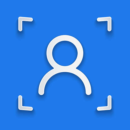 Paper cut Face recognition icon isolated on blue background. Face identification scanner icon. Facial id. Cyber security concept. Paper art style. Vectorのイラスト素材
