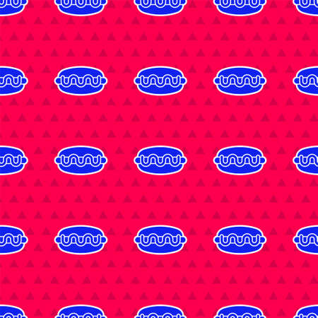 Blue Hotdog sandwich icon isolated seamless pattern on red background. Sausage icon. Fast food sign. Vectorのイラスト素材