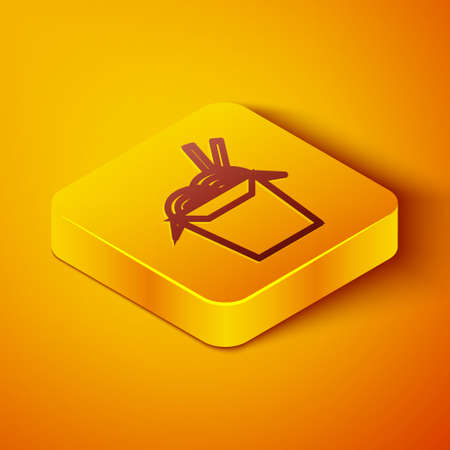 Isometric line Asian noodles in paper box and chopsticks icon isolated on orange background. Street fast food. Korean, Japanese, Chinese food. Yellow square button. Vector Illustrationのイラスト素材