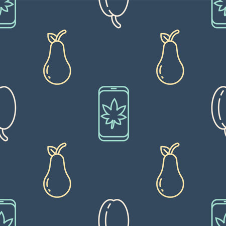 Set line Plum fruit, Pear and Leaf on mobile phone on seamless pattern. Vector