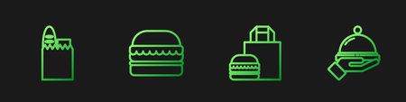 Set line Online ordering burger delivery, Shopping bag and food, Burger and Covered with tray of....