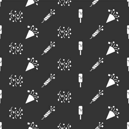 Set Ice cream, Festive confetti, Festive confetti and Firework rocket on seamless pattern. Vectorのイラスト素材