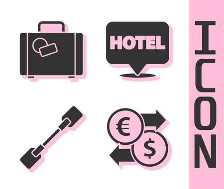 Set Money exchange, Suitcase, Paddle and Location hotel icon. Vectorのイラスト素材