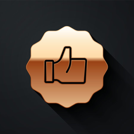 Gold Hand thumb up icon isolated on black background. Long shadow style. Vector