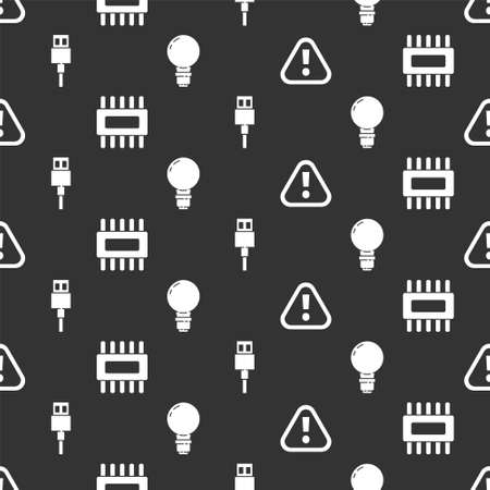 Set Exclamation mark in triangle, Processor with microcircuits CPU, USB cable cord and Light bulb with concept of idea on seamless pattern. Vectorのイラスト素材