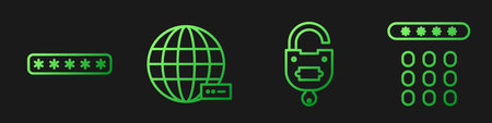 Set line Lock and key, Password protection, Social network and Password protection. Gradient color...