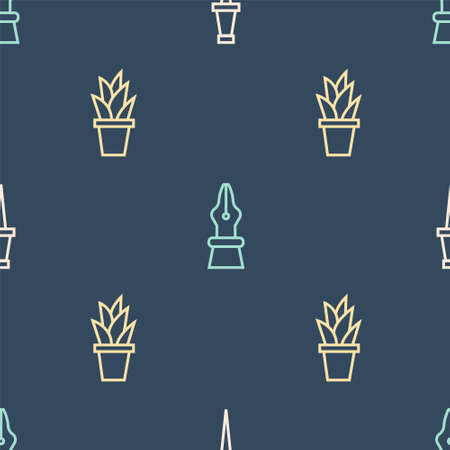 Set line Push pin, Plant pot and Fountain pen nib on seamless pattern. Vectorのイラスト素材