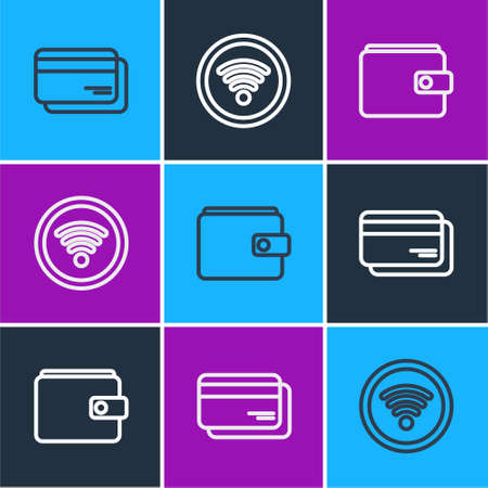 Set line Credit card, Wallet and WiFi wireless internet network icon. Vectorのイラスト素材