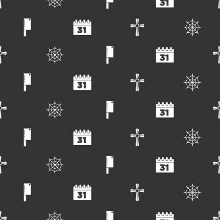 Set Tombstone with cross, Spider web, Meat chopper and Calendar Halloween on seamless pattern. Vectorのイラスト素材