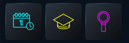 Set line Calendar first september date, Magnifying glass and Graduation cap. Black square button. Vectorのイラスト素材
