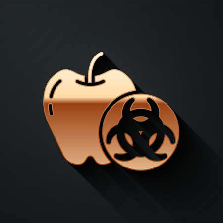 Gold Genetically modified apple icon isolated on black background. GMO fruit. Long shadow style. Vectorのイラスト素材
