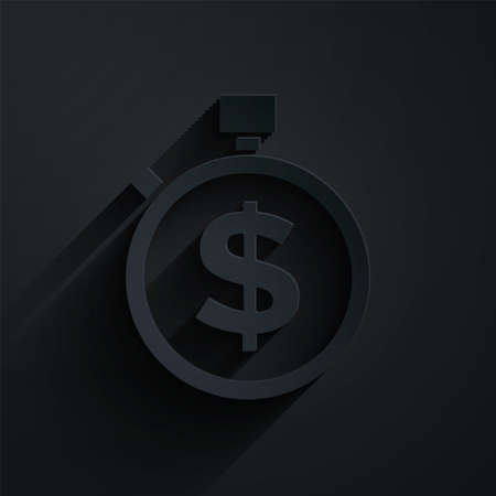 Paper cut Time is money icon isolated on black background. Money is time. Effective time management. Convert time to money. Stopwatch sign. Paper art style. Vectorのイラスト素材