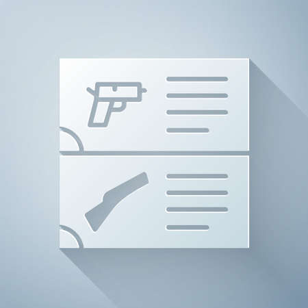 Paper cut Weapon catalog icon isolated on grey background. Police or military handgun. Small firearm. Paper art style. Vectorのイラスト素材
