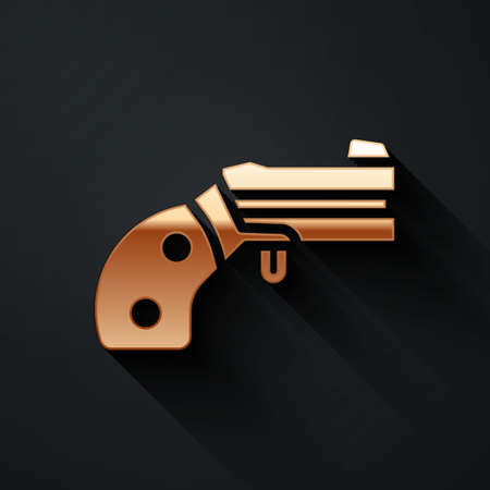 Gold Small gun revolver icon isolated on black background. Pocket pistol for self-defense. Ladies revolver. Spy Weapon. Long shadow style. Vectorのイラスト素材