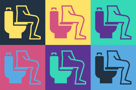 Pop art Men sitting on the toilet and Constipation are experiencing severe abdominal pain icon isolated on color background. Vectorのイラスト素材