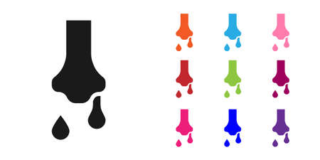 Black Runny nose icon isolated on white background. Rhinitis symptoms, treatment. Nose and sneezing. Nasal diseases. Set icons colorful. Vectorのイラスト素材