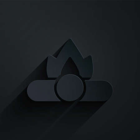 Paper cut Campfire icon isolated on black background. Burning bonfire with wood. Paper art style. Vectorのイラスト素材