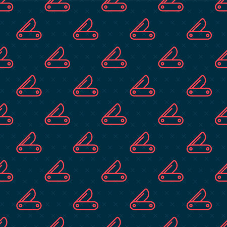 Red line Swiss army knife icon isolated seamless pattern on black background. Multi-tool,...