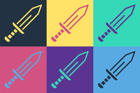 Pop art Sword icon isolated on color background. Medieval weapon. Vectorのイラスト素材