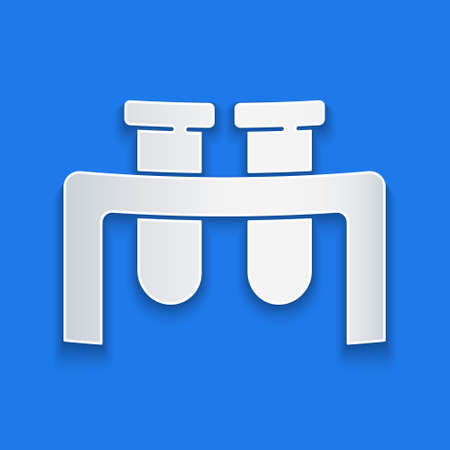 Paper cut Test tube and flask chemical laboratory test icon isolated on blue background. Laboratory glassware sign. Paper art style. Vectorのイラスト素材