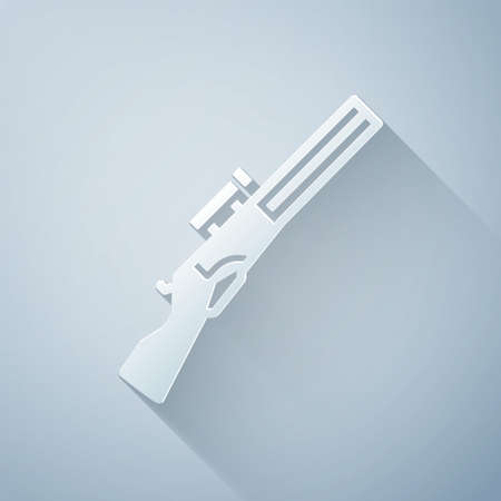 Paper cut Hunting gun icon isolated on grey background. Hunting shotgun. Paper art style. Vectorのイラスト素材
