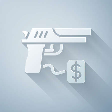 Paper cut Buying gun pistol with price tag icon isolated on grey background. Buying weapon. Paper art style. Vectorのイラスト素材
