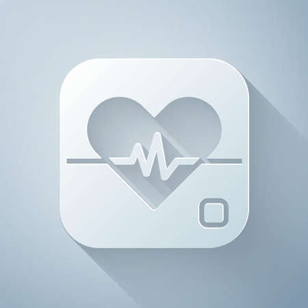 Paper cut Heart rate icon isolated on grey background. Heartbeat sign. Heart pulse icon. Cardiogram icon. Paper art style. Vectorのイラスト素材