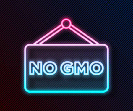 Glowing neon line No GMO icon isolated on black background. Genetically modified organism acronym. Dna food modification. Vectorのイラスト素材