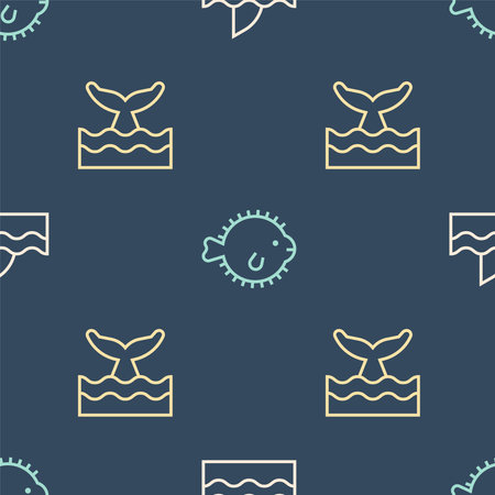 Set line Shark fin in ocean wave, Whale tail and Puffer fish on seamless pattern. Vector