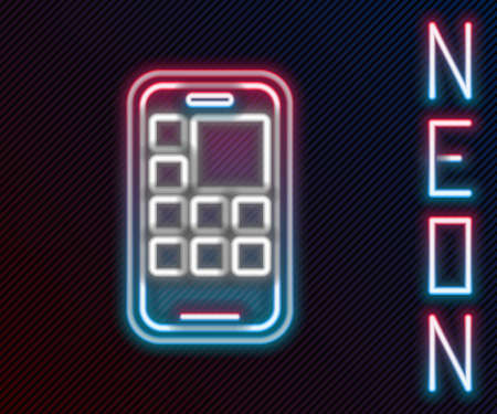 Glowing neon line Mobile Apps icon isolated on black background. Smartphone with screen icons, applications. mobile phone showing screen. Colorful outline concept. Vectorのイラスト素材