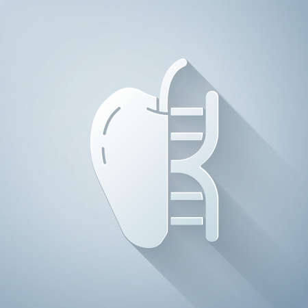 Paper cut Genetically modified apple icon isolated on grey background. GMO fruit. Paper art style. Vectorのイラスト素材