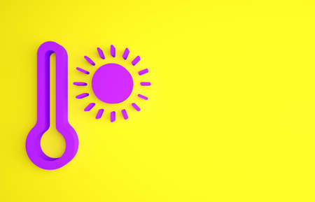 Purple Meteorology thermometer measuring heat and cold icon isolated on yellow background. Thermometer equipment showing hot or cold weather. Minimalism concept. 3d illustration 3D renderの写真素材