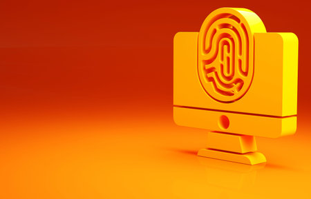 Yellow Monitor with fingerprint icon isolated on orange background. ID app icon. Identification...