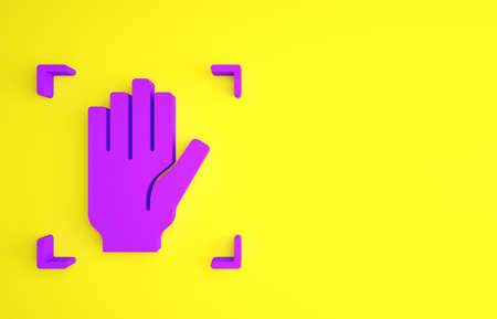 Purple Palm print recognition icon isolated on yellow background. Biometric hand scan. Fingerprint identification. System recognition and verification. Minimalism concept. 3d illustration 3D renderの写真素材