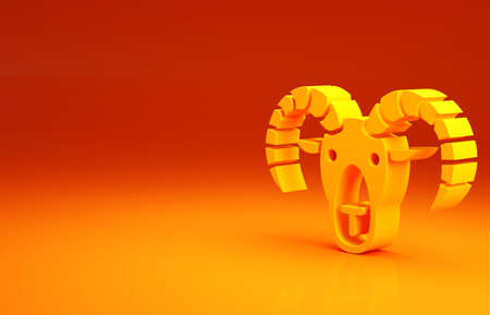 Yellow Head of goat or ram icon isolated on orange background. Mountain sheep. Animal symbol. Minimalism concept. 3d illustration 3D renderの写真素材