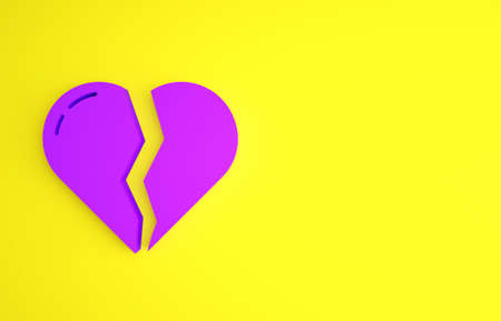 Purple Broken heart or divorce icon isolated on yellow background. Love symbol. Valentines day. Minimalism concept. 3d illustration 3D renderの写真素材