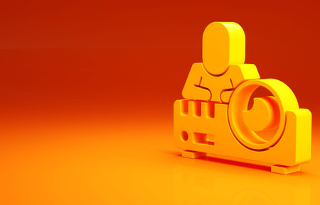 Yellow Presentation, movie, film, media projector icon isolated on orange background. Minimalism...