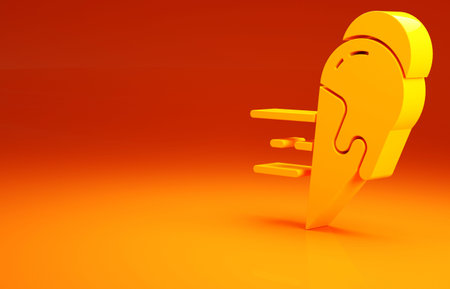 Yellow Online ordering and ice cream in waffle cone icon isolated on orange background. Sweet...