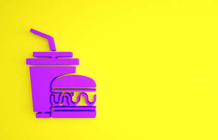 Purple Paper glass with drinking straw and burger icon isolated on yellow background. Soda aqua drink sign. Hamburger, cheeseburger sandwich. Minimalism concept. 3d illustration 3D renderの写真素材