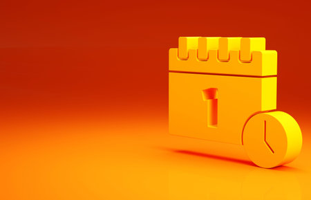 Yellow Calendar with first september date icon isolated on orange background. September 1. Date and...