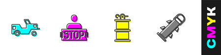 Set Military truck, Stop war, Hand smoke grenade and Rocket icon. Vector