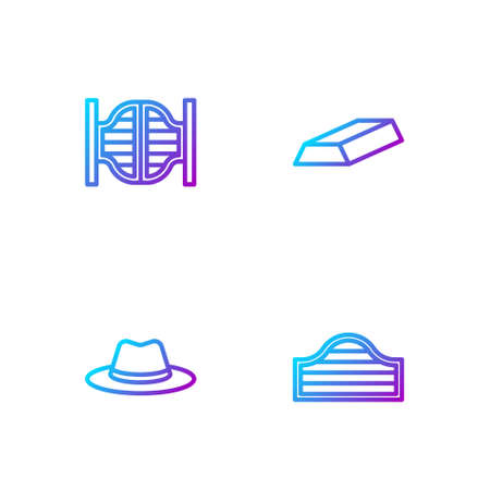 Set line Saloon door, Western cowboy hat, and Gold bars. Gradient color icons. Vectorのイラスト素材