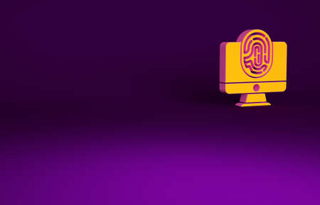 Orange Monitor with fingerprint icon isolated on purple background. ID app icon. Identification sign. Touch id. Minimalism concept. 3d illustration 3D renderの写真素材