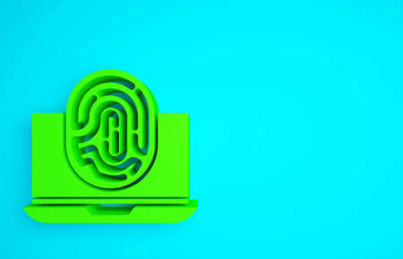Green Laptop with fingerprint icon isolated on blue background. ID app icon. Identification sign. Touch id. Minimalism concept. 3d illustration 3D renderの写真素材