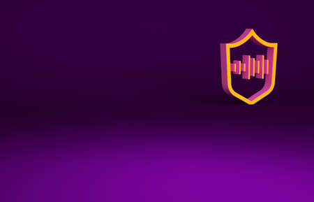 Orange Shield voice recognition icon isolated on purple background. Voice biometric access authentication for personal identity recognition. Minimalism concept. 3d illustration 3D renderの写真素材